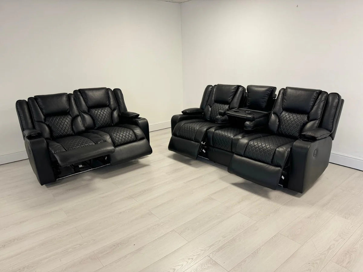Orlando Electric Recliners 3+2 Seater Leather Sofa Black - Led Lights - Wireless Charger