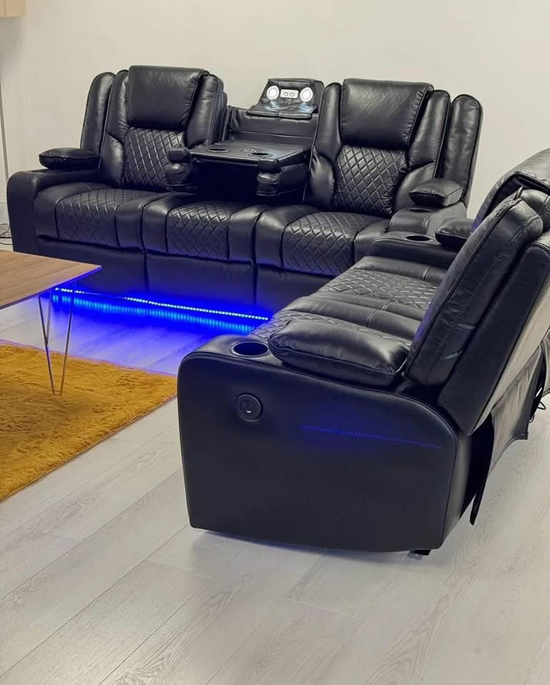 Orlando Electric Recliners 3+2 Seater Leather Sofa Black - Led Lights - Wireless Charger