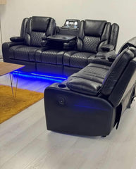 Orlando Electric Recliners 3+2 Seater Leather Sofa Black - Led Lights - Wireless Charger