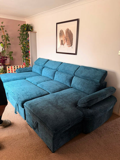 Hudson U Shape Storage Sofa Bed - Blue