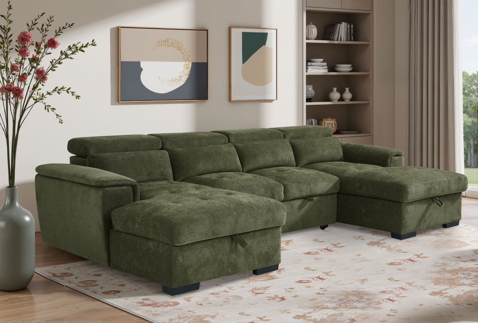 Alaya Storage U Shape Sofabed - Olive Green