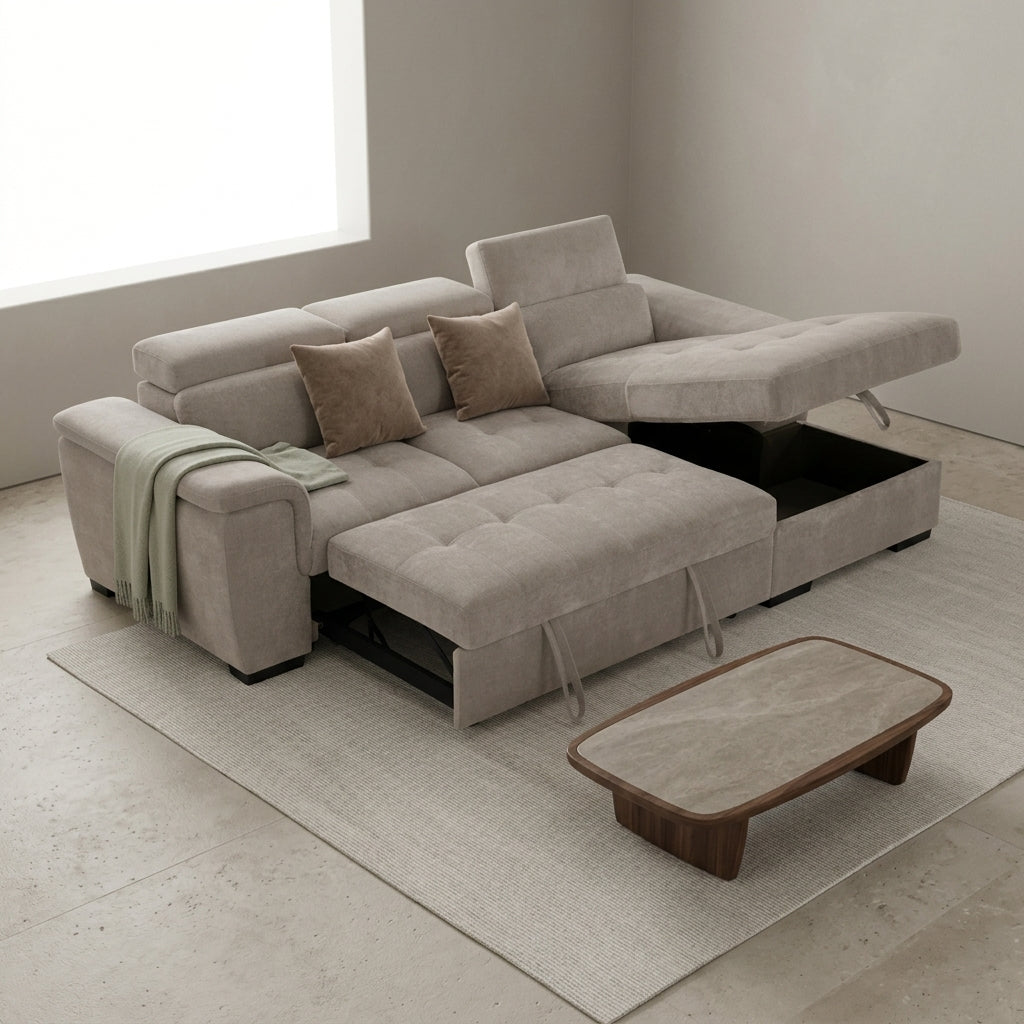 Alaya Storage L Shape Sofa Bed - Beige Pre Order