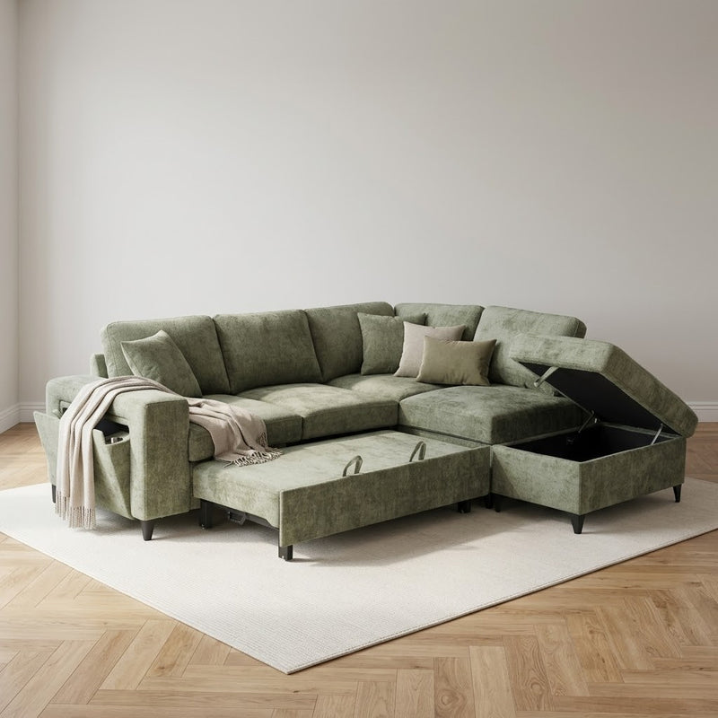 Elara Green Chenille 2C1 Right Hand Corner Sofa Bed with Storage
