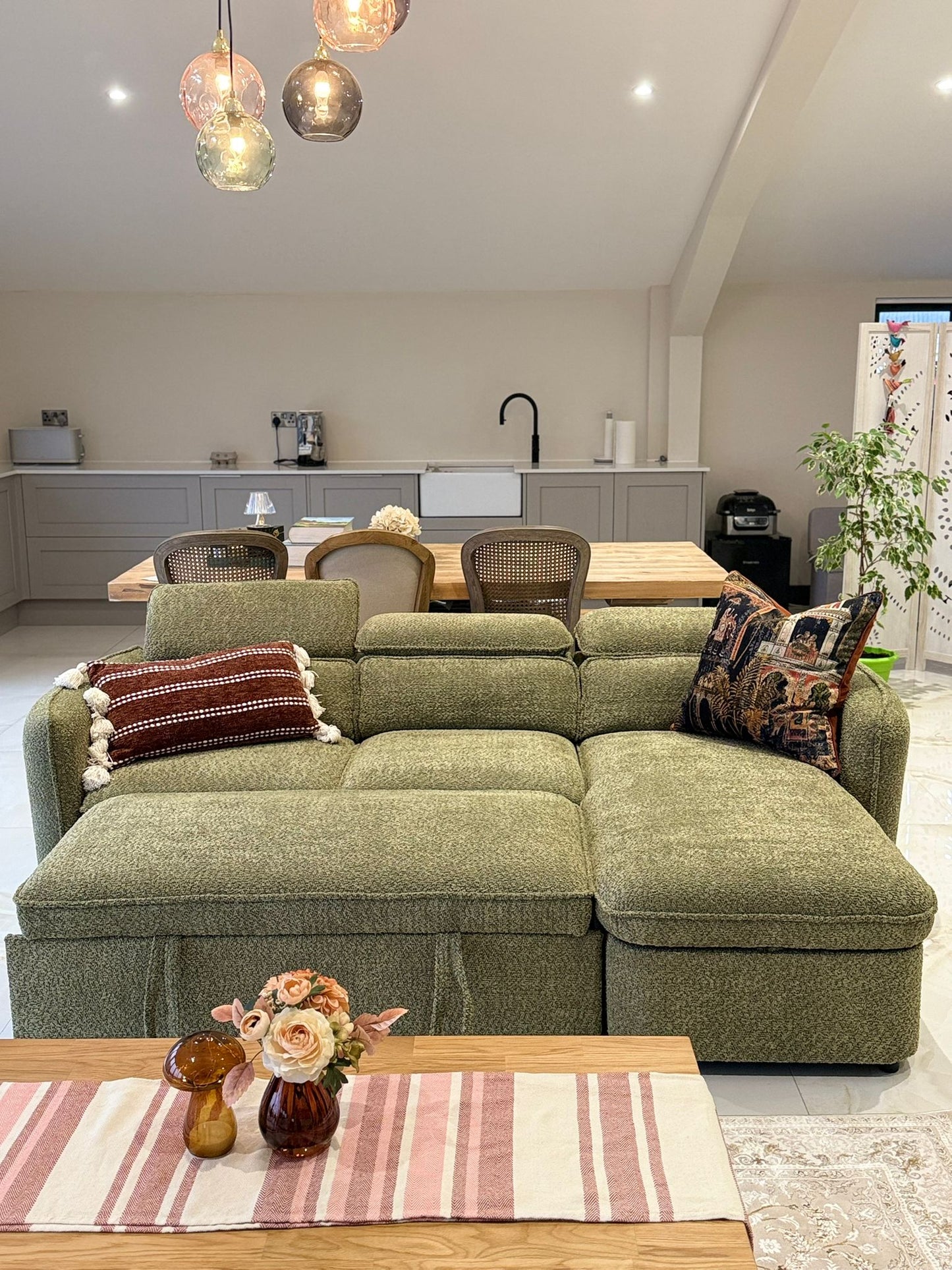 Capri Corner Sofa Bed With Storage - Olive Green - Universal Chaise - Pull Out Bed