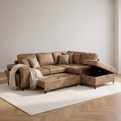 Elara Brown Faux Leather Suede 2C1 Right Hand Corner Sofa Bed with Storage