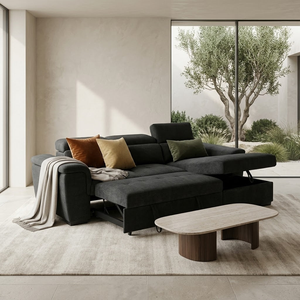 Alaya Storage L Shape Sofa Bed - Black Pre Order