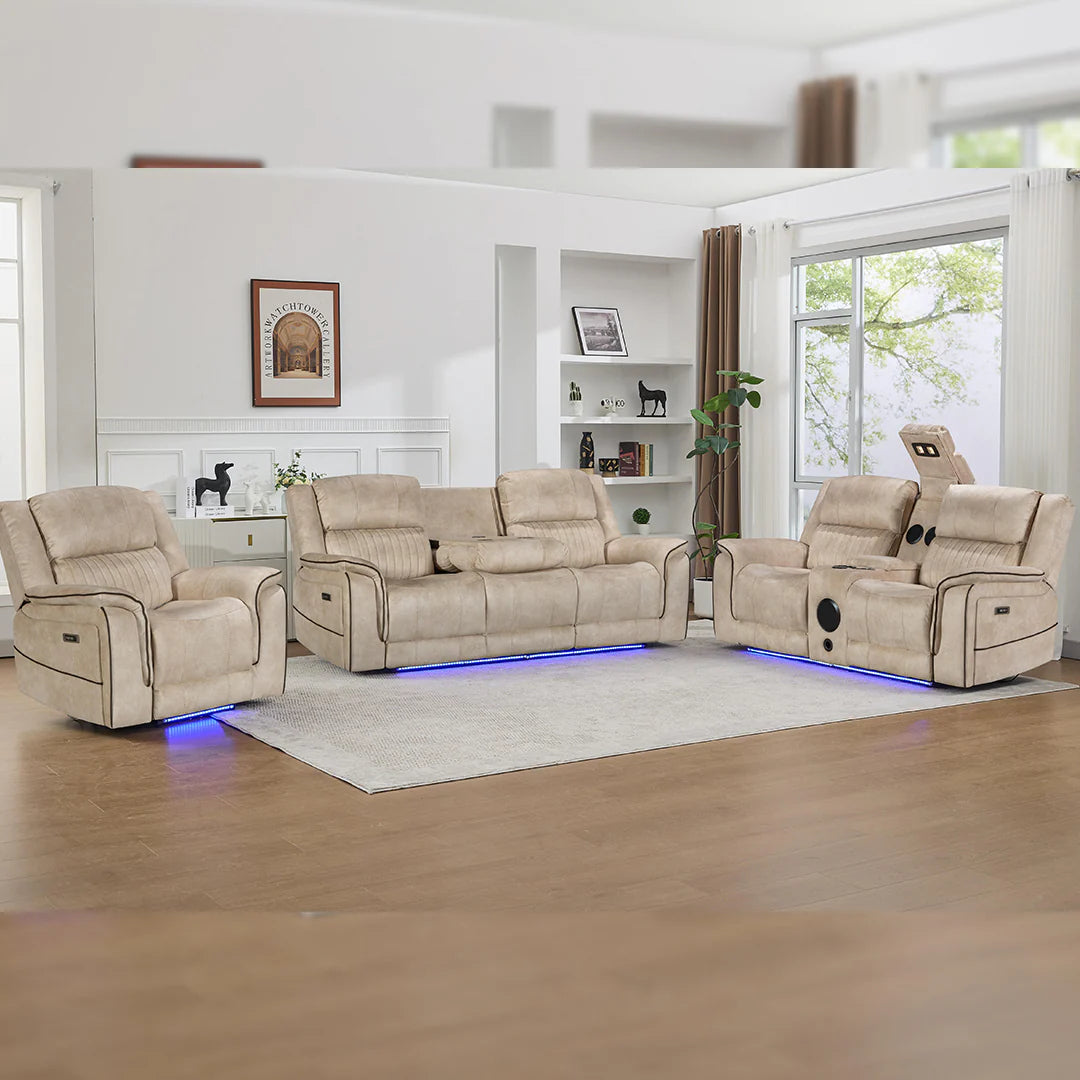 Geneva Pro Fabric Electric Recliner Sofas - Beige With Bluetooth/Cooling Cup-Holders/LED Lights
