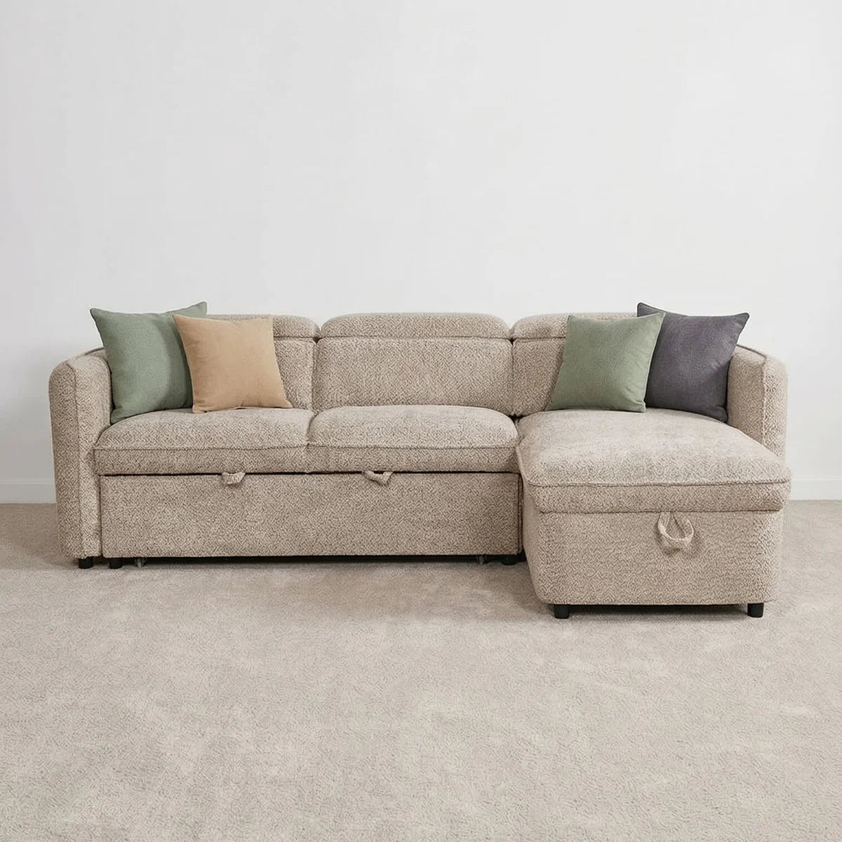 Capri Corner Sofa Bed With Storage - Beige - Universal Chaise - Pull Out Bed
