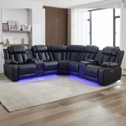 Zeus Leather Electric Recliner Corner Sofa - Black