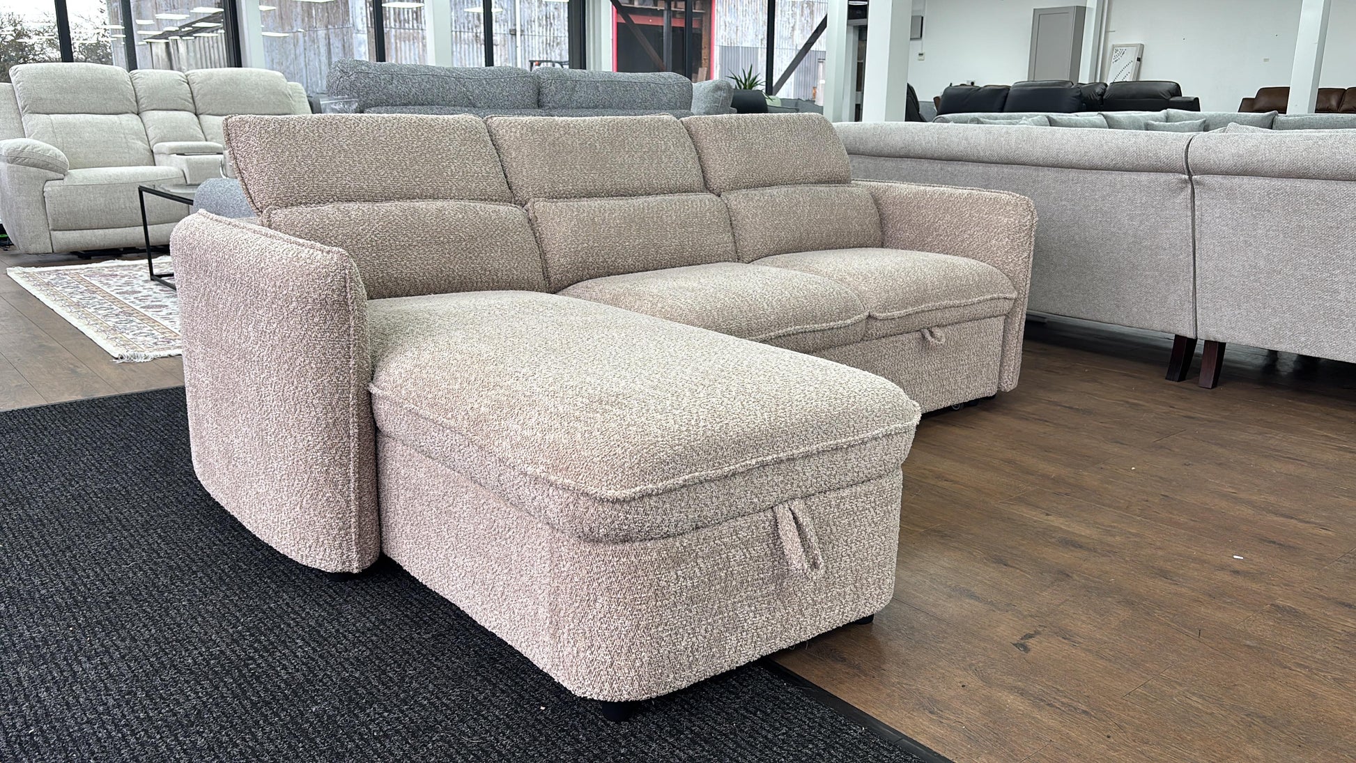 Capri Corner Sofa Bed With Storage - Beige - Universal Chaise - Pull Out Bed