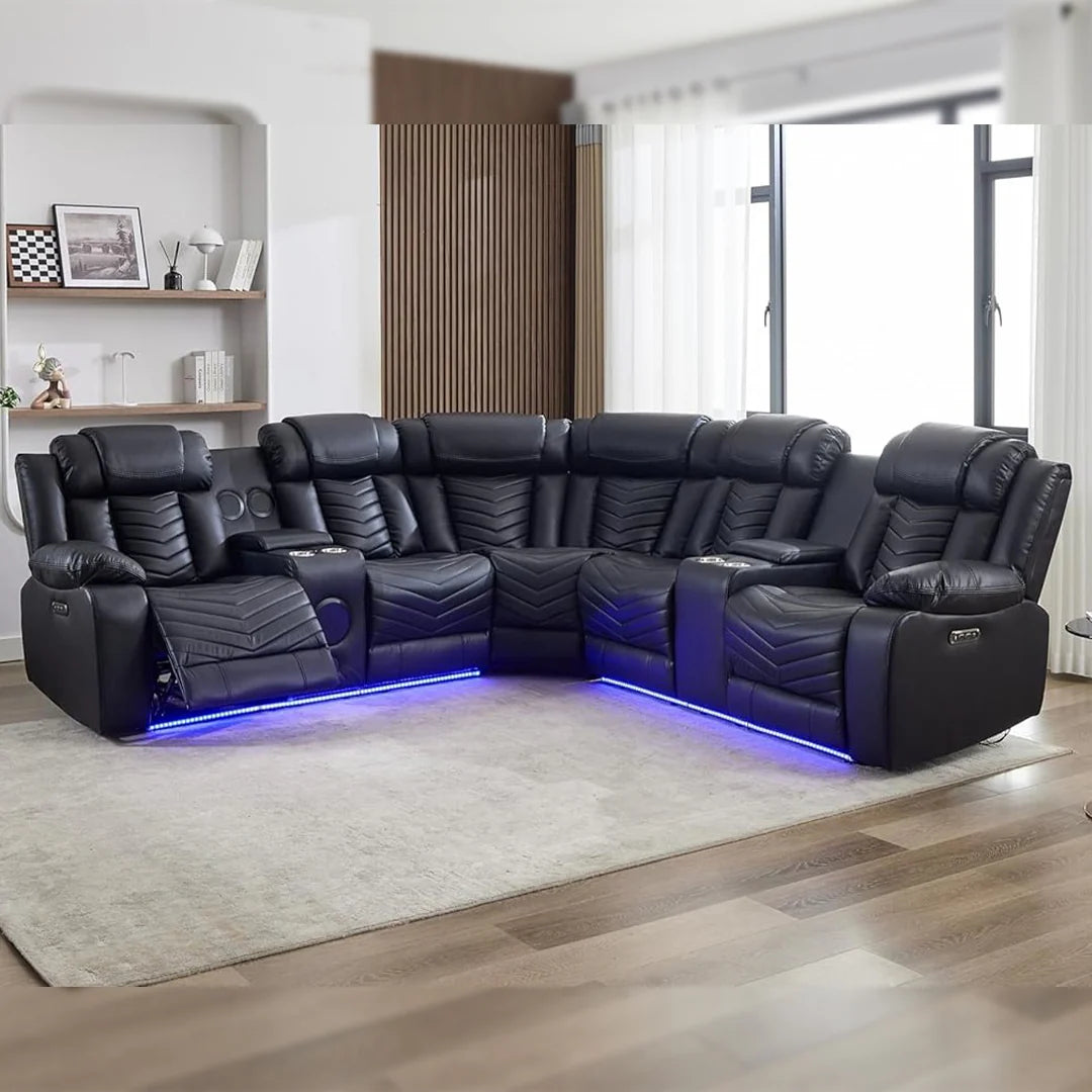 Zeus Leather Electric Recliner Corner Sofa - Black