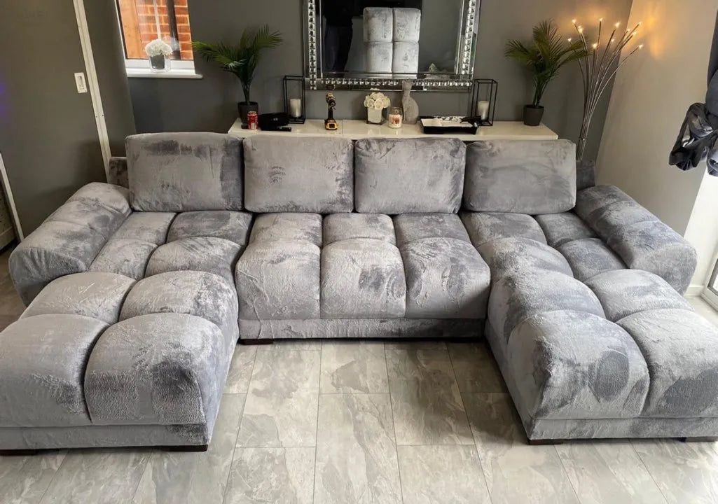 Azzuro Grey U Shape Corner Sofa - Full Back Plush Velvet - 330cm Large Sectional
