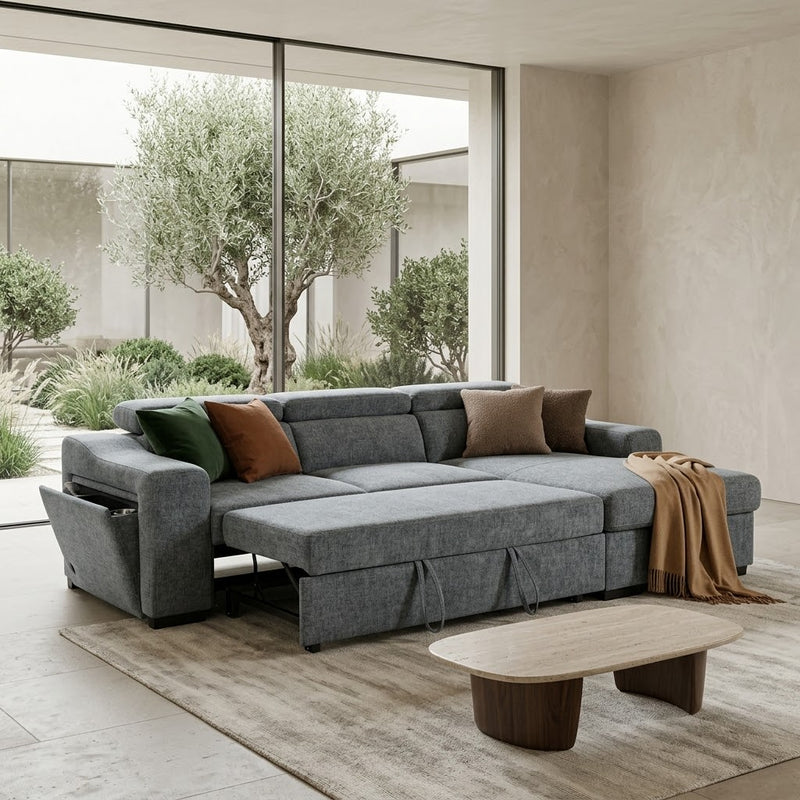Arthur Blue Chenille Fabric Corner Sofabed with Storage