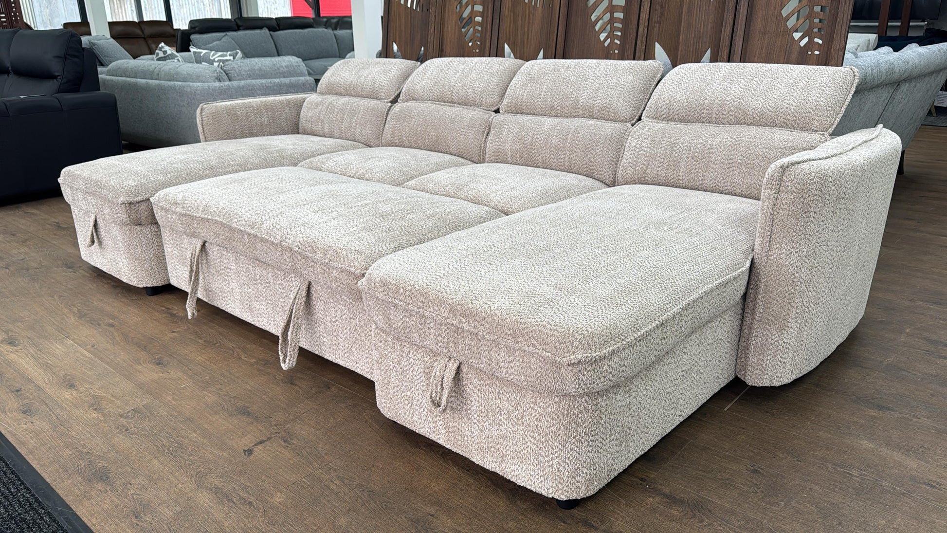 Capri U Shape Sofa Bed With Storage - Beige - Pull Out Sleeper