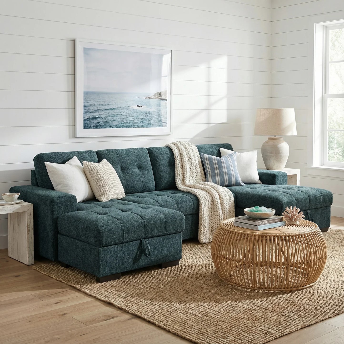 Palermo U Shape Storage Sofa Bed - Blue