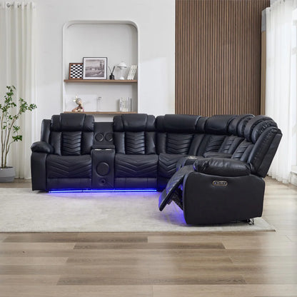 Zeus Leather Electric Recliner Corner Sofa - Black