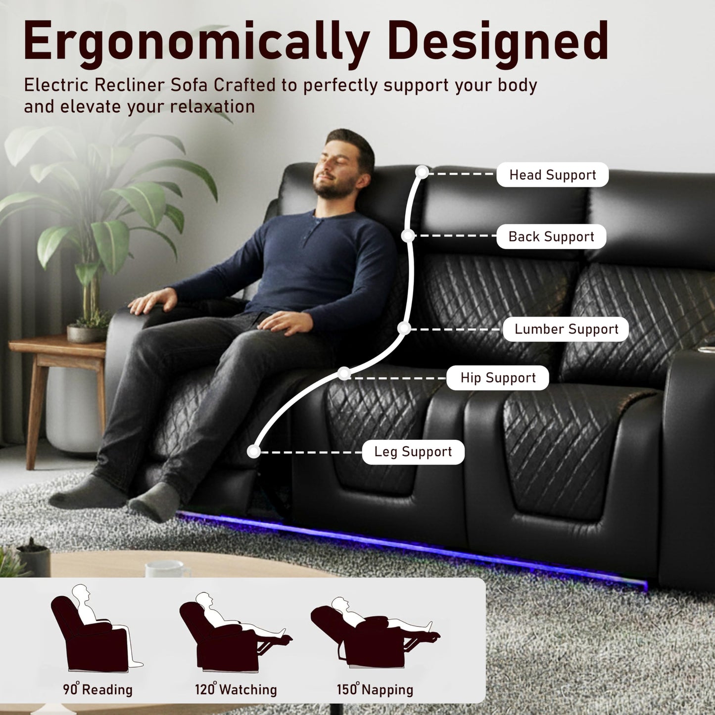 Florida 3+2 Music Electric Recliner Aire Leather Sofa - Black
