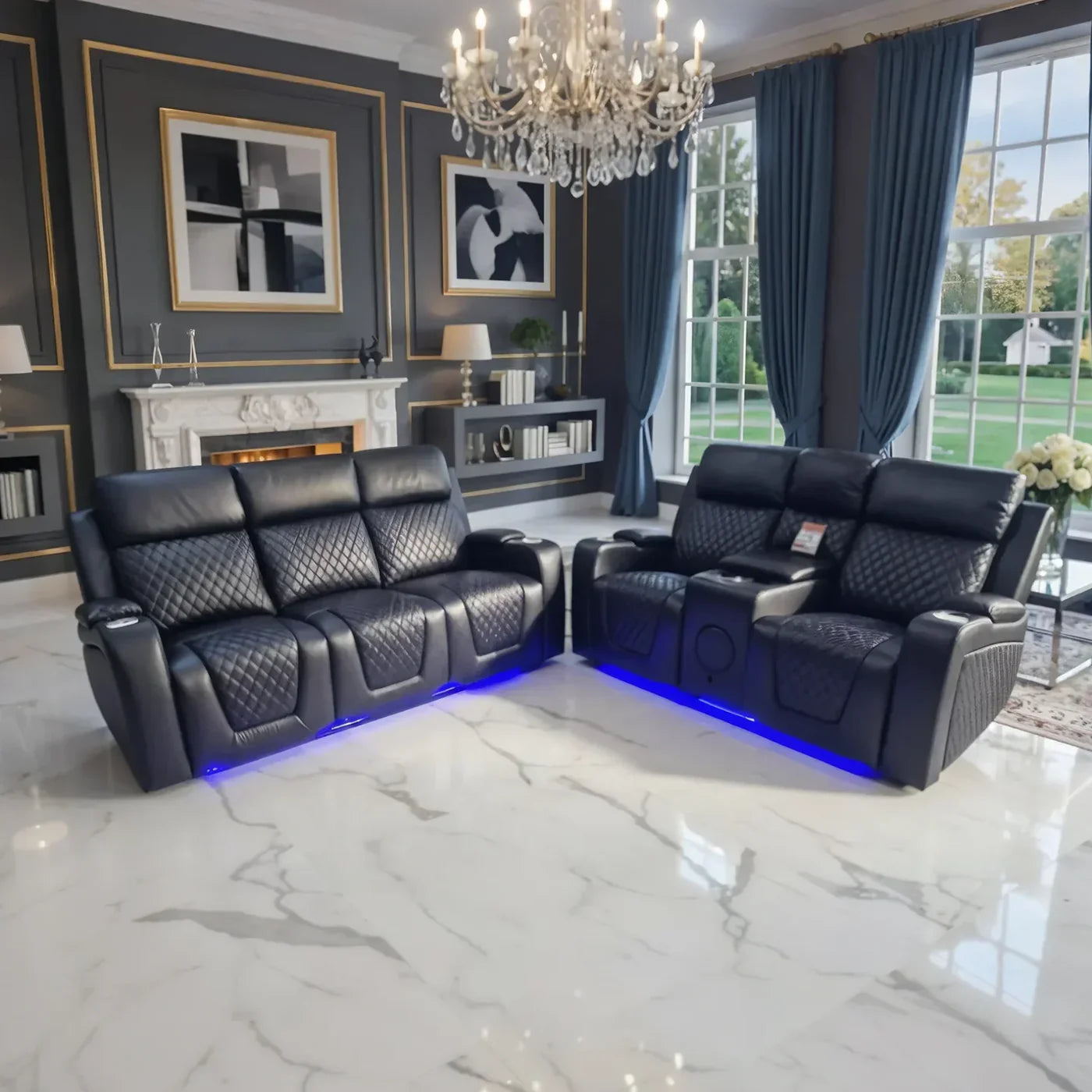 Florida 3+2 Music Electric Recliner Aire Leather Sofa - Black