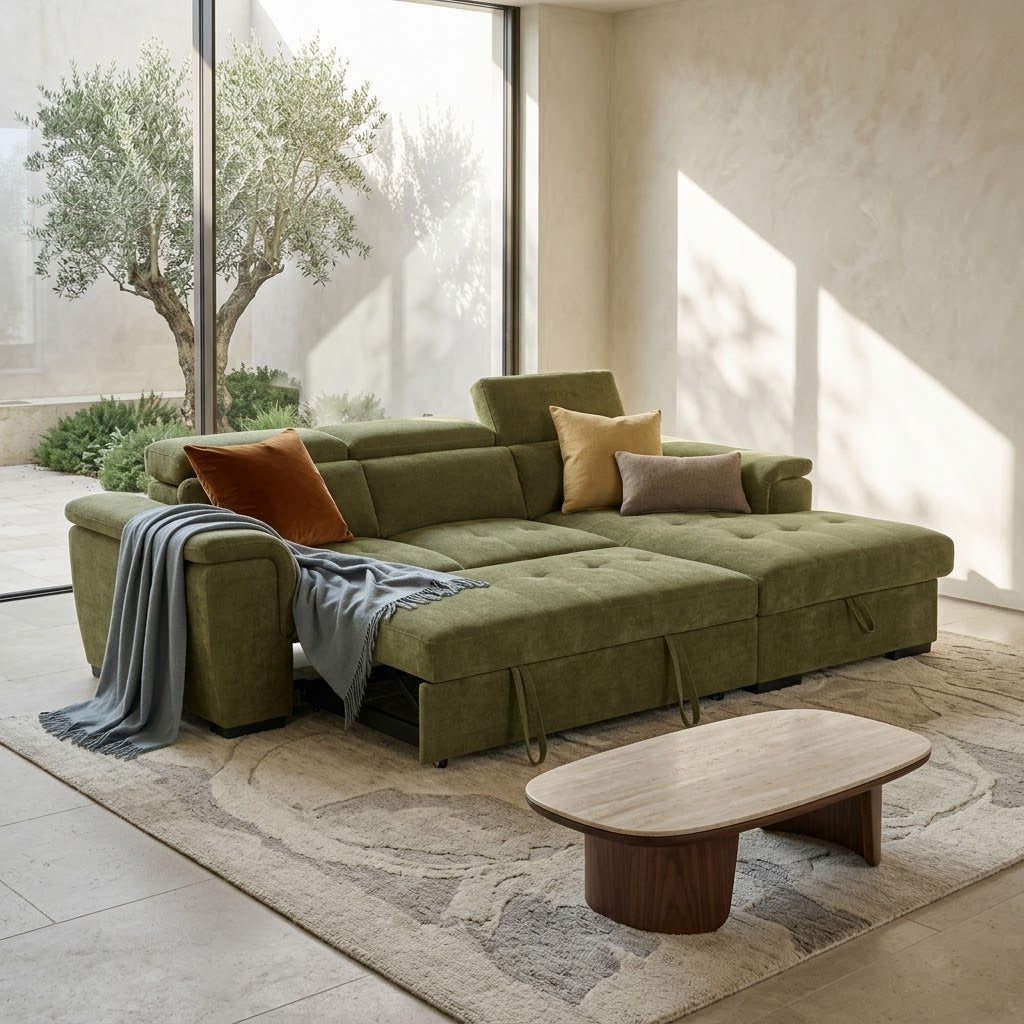 Alaya Storage L Shape Sofa Bed - Olive Green