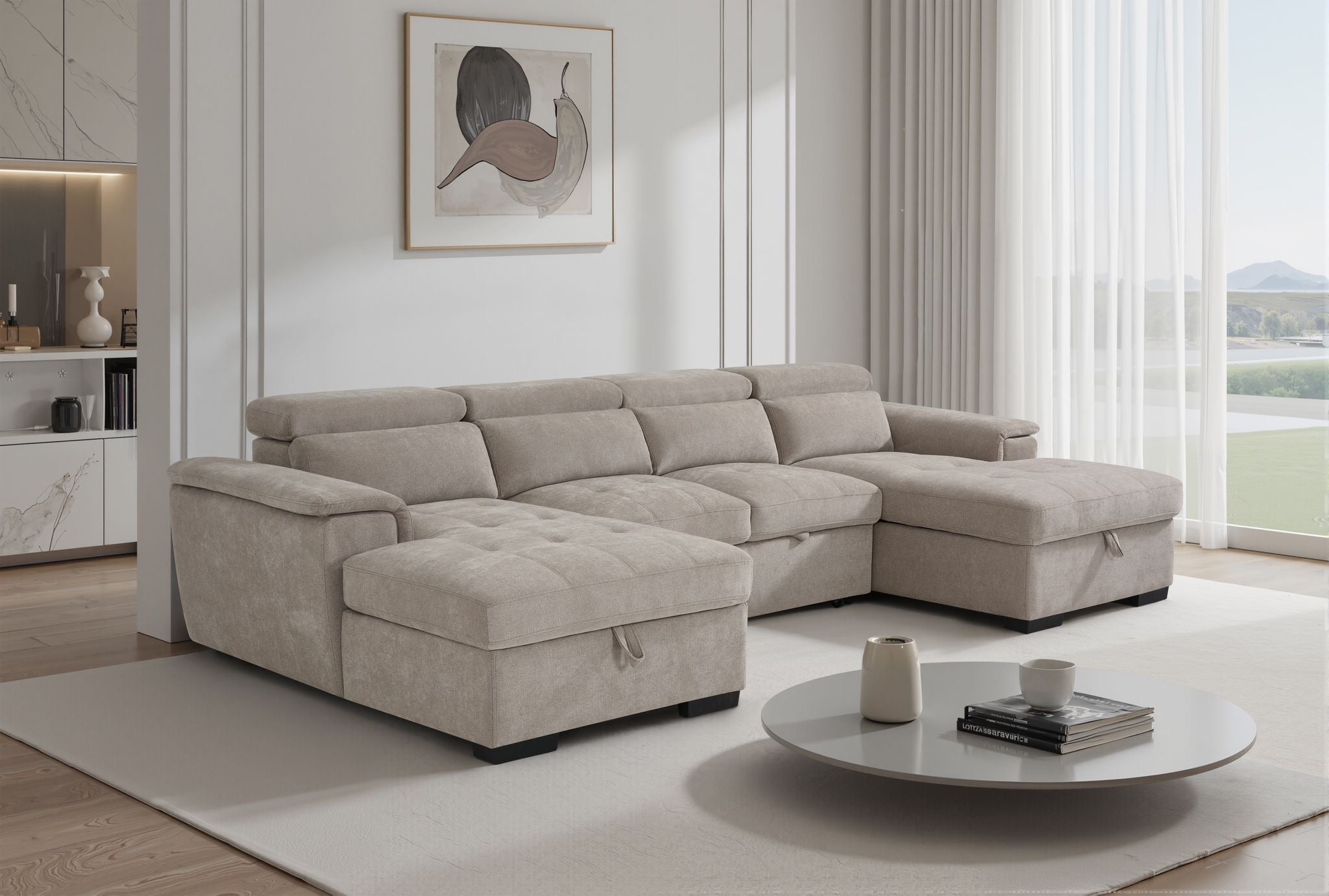 Alaya Storage U Shape Sofabed - Beige
