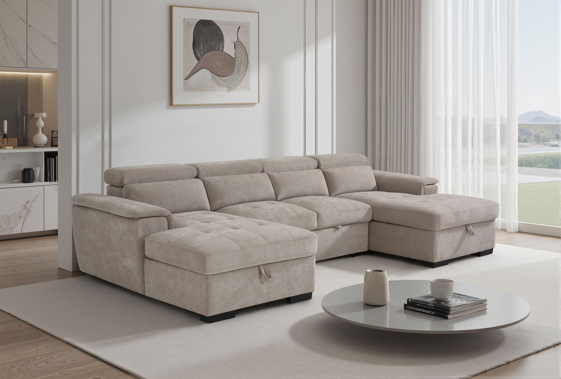 Alaya Storage U Shape Sofabed - Beige