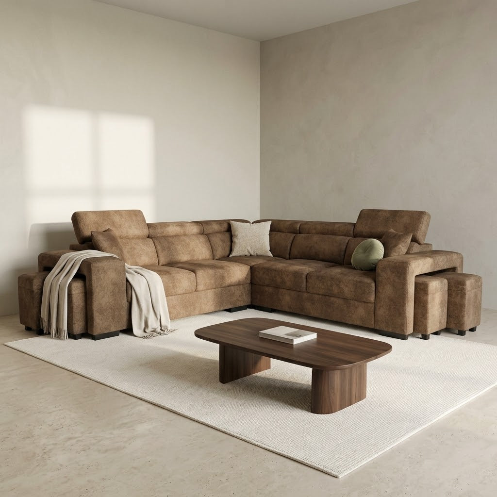Amy Corner Sofa With Ottomans - Brown Suede Leather