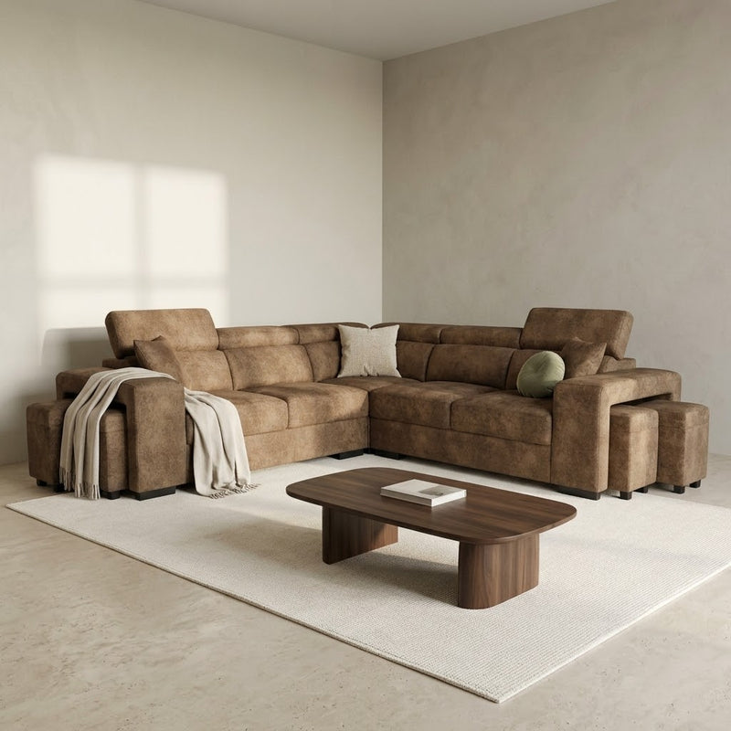 Amy Corner Sofa With Ottomans - Brown Suede Leather