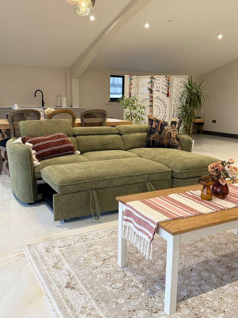 Capri Corner Sofa Bed With Storage - Olive Green - Universal Chaise - Pull Out Bed