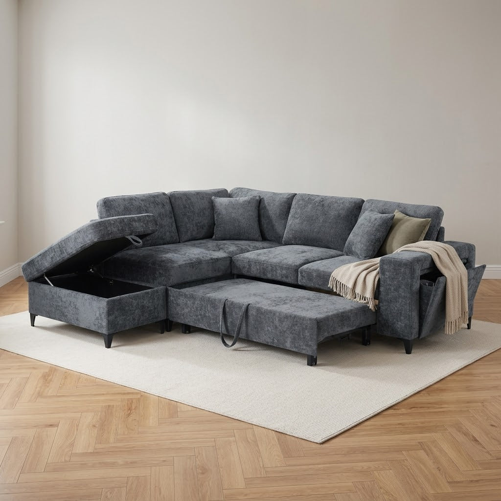 Elara Blue Chenille 1C2 Left Hand Corner Sofa Bed with Storage