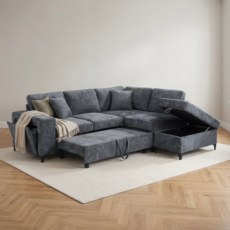 Elara Blue Chenille 2C1 Right Hand Corner Sofa Bed with Storage