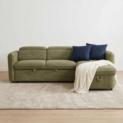 Capri Corner Sofa Bed With Storage - Olive Green - Universal Chaise - Pull Out Bed