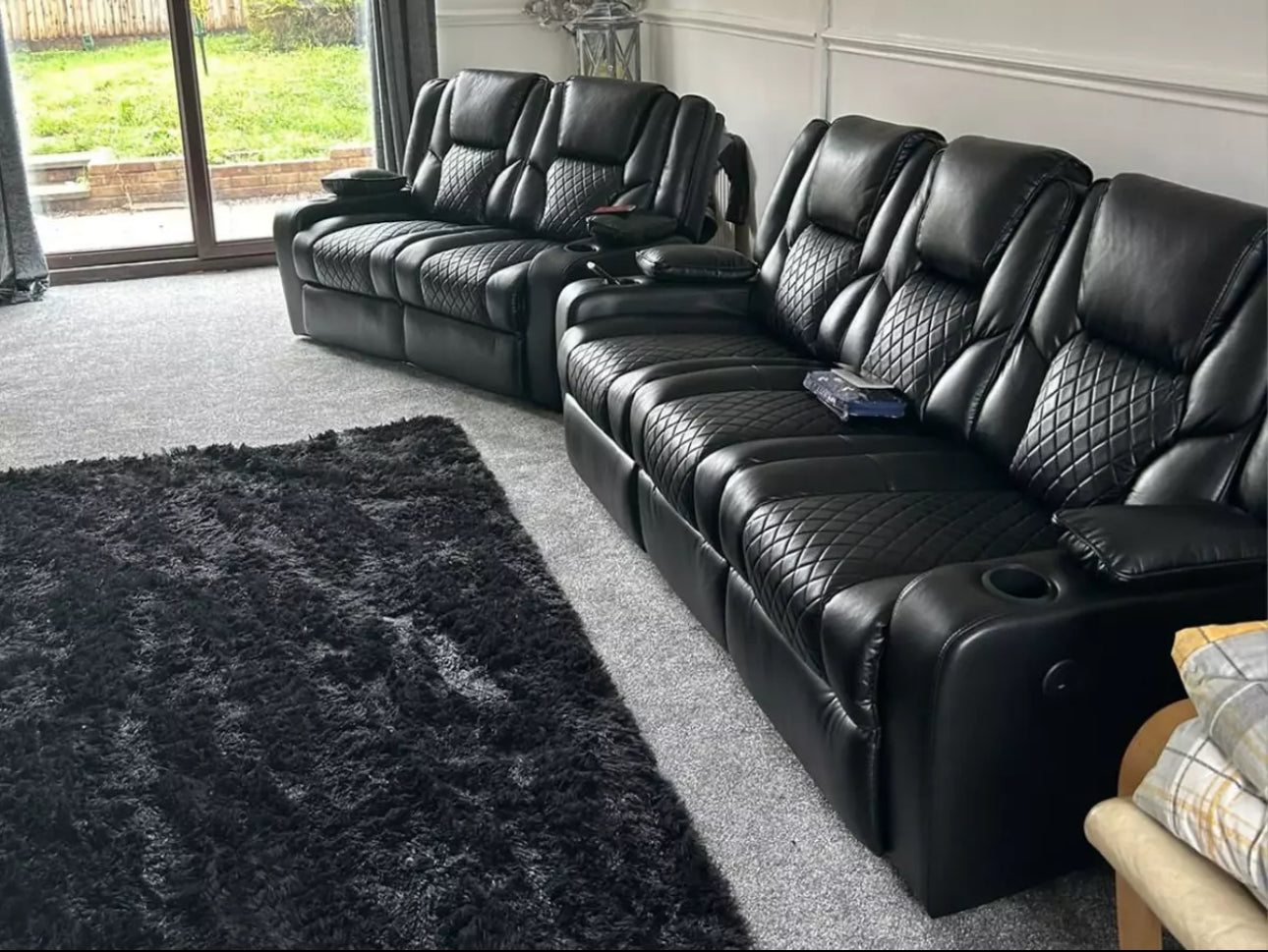 Orlando Electric Recliners 3+2 Seater Leather Sofa Black - Led Lights - Wireless Charger