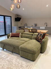 Capri Corner Sofa Bed With Storage - Olive Green - Universal Chaise - Pull Out Bed