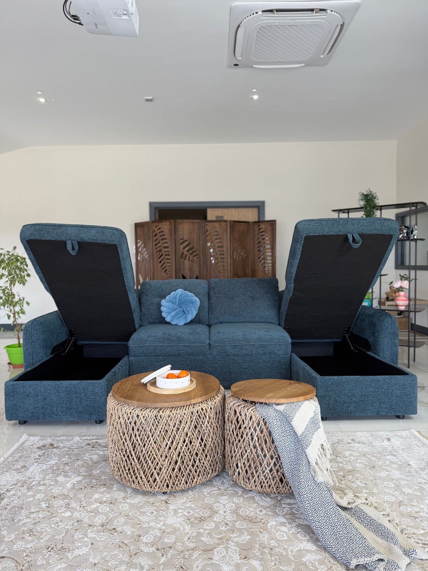 Moscow U Shaped Storage Sofa Bed - Blue