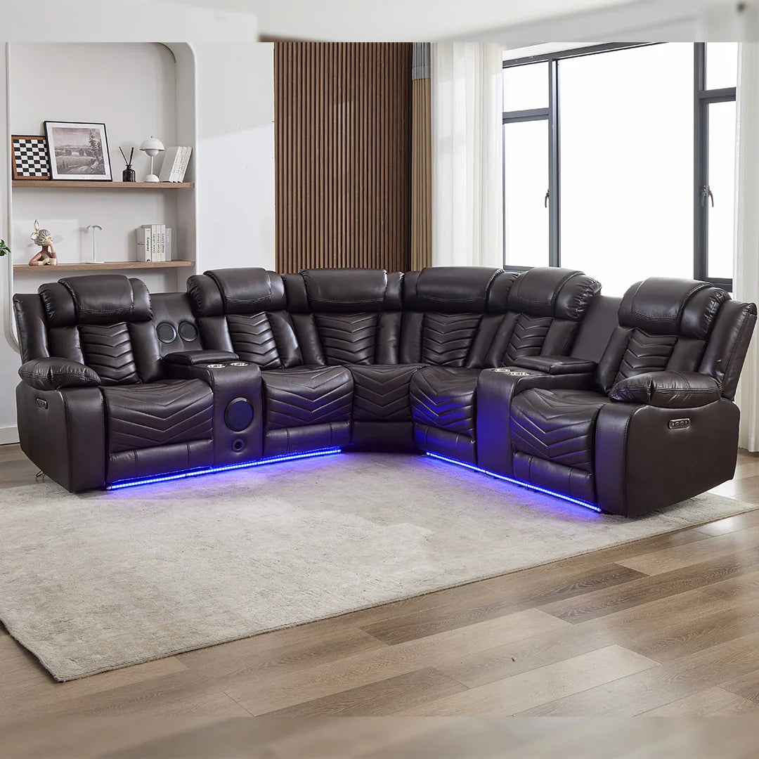Zeus Leather Electric Recliner Corner Sofa - Brown