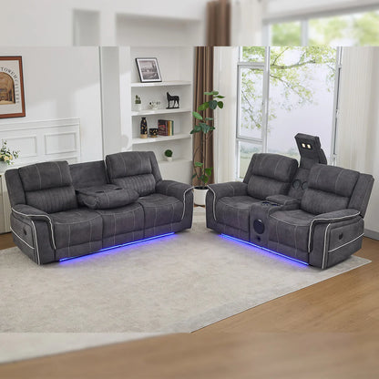 Geneva Pro Fabric Electric Recliner Sofas - Grey With Bluetooth/Cooling Cup-Holders/LED Lights (Copy)