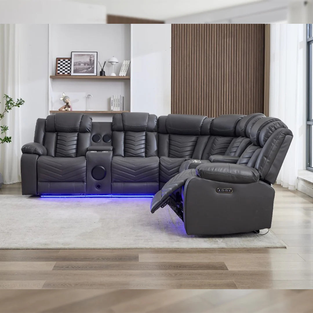 Zeus Leather Electric Recliner Corner Sofa - Grey