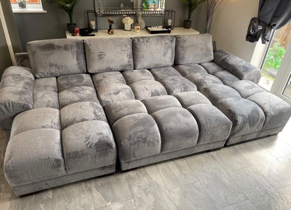 Azzuro Grey U Shape Corner Sofa - Full Back Plush Velvet - 330cm Large Sectional