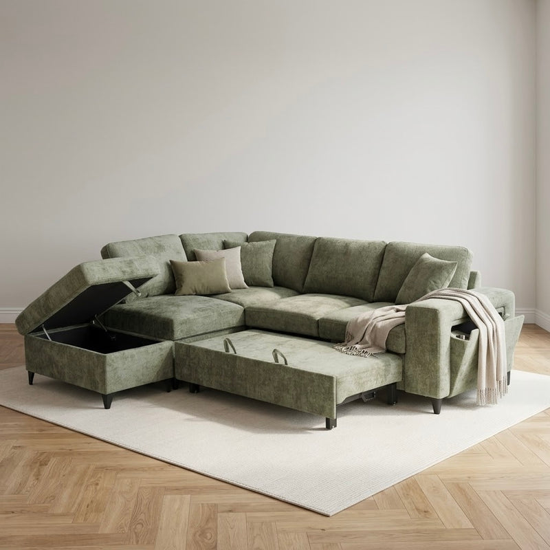 Elara Green Chenille 1C2 Left Hand Corner Sofa Bed with Storage