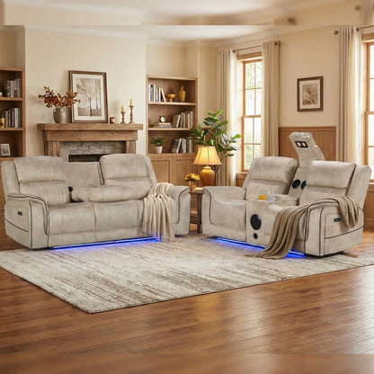 Geneva Pro Fabric Electric Recliner Sofas - Beige With Bluetooth/Cooling Cup-Holders/LED Lights