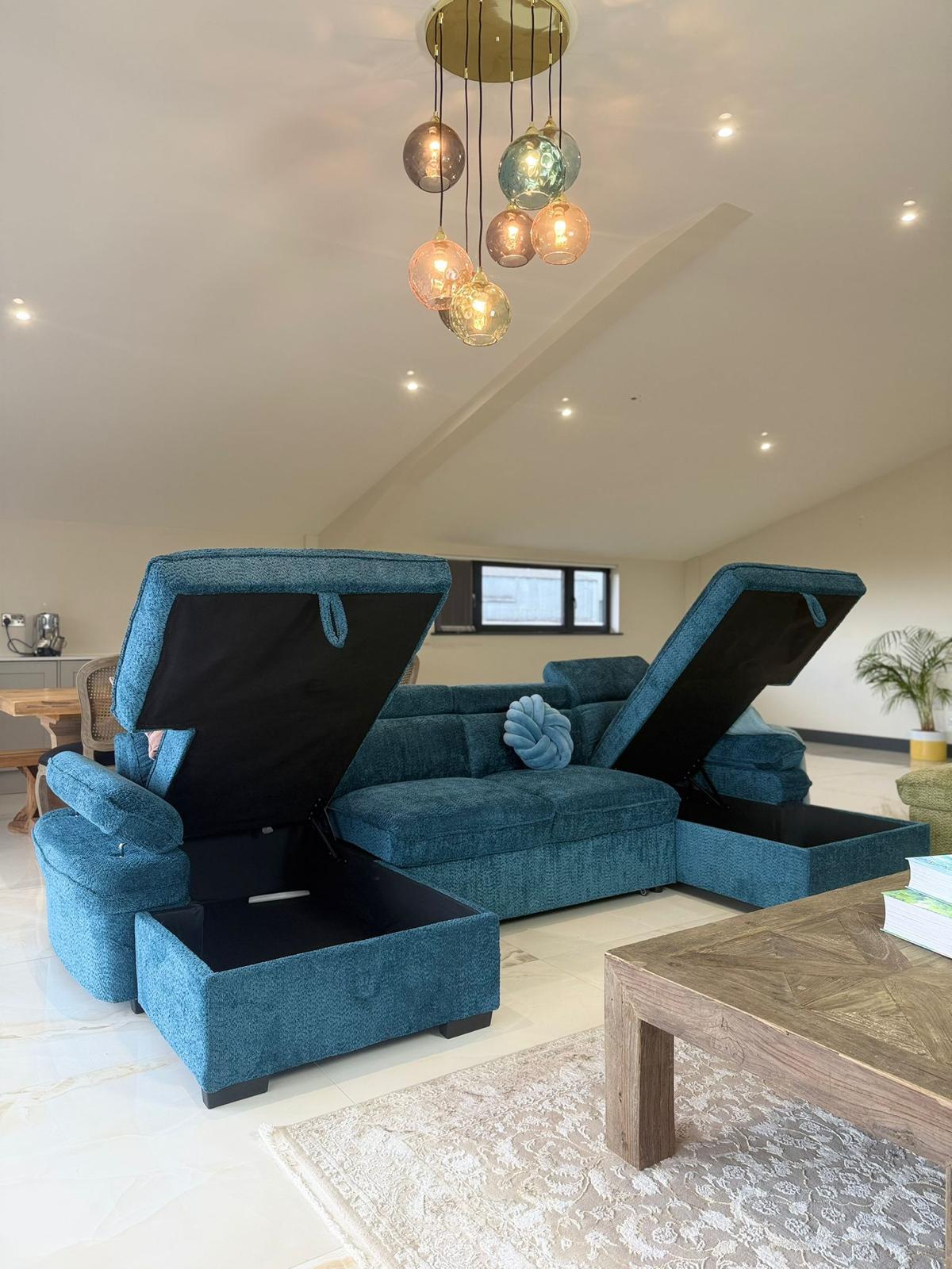 Hudson U Shape Storage Sofa Bed - Blue