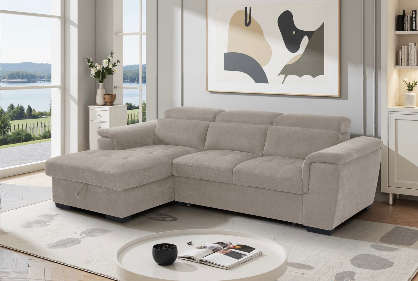 Alaya Storage L Shape Sofa Bed - Beige