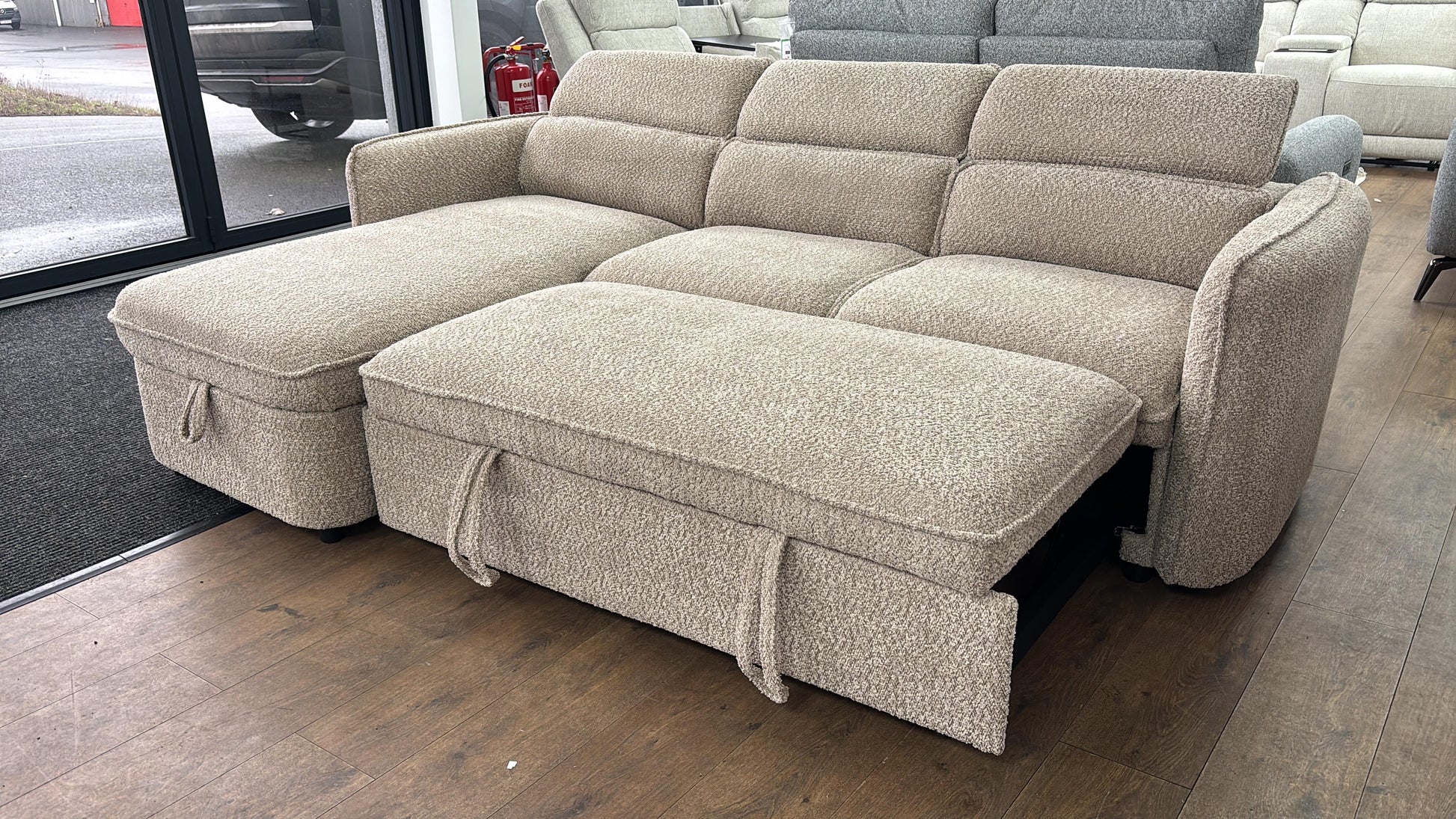 Capri Corner Sofa Bed With Storage - Beige - Universal Chaise - Pull Out Bed