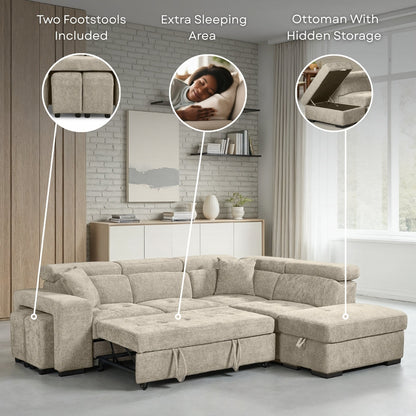 Amelia Green Chenille Fabric 2C1 Corner Sofa Bed with Storage and Ottomans