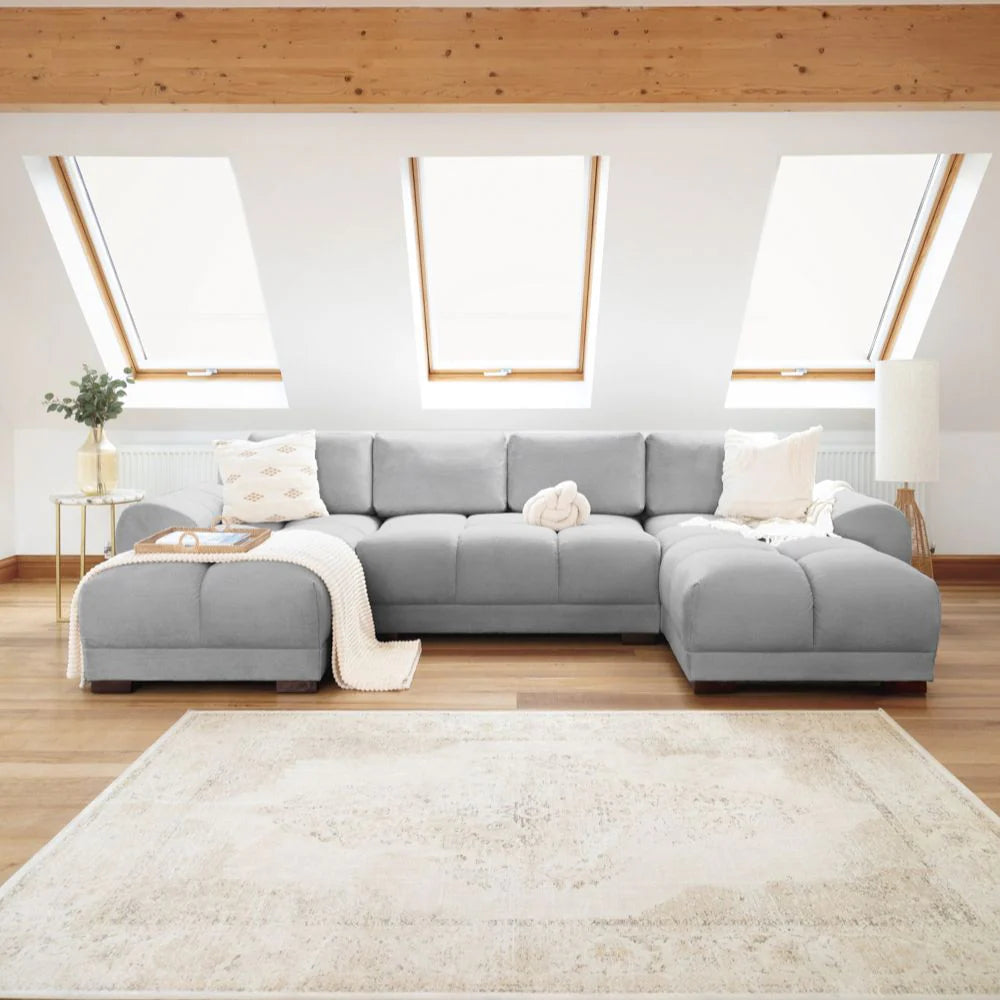 Azzuro Grey U Shape Corner Sofa - Full Back Plush Velvet - 330cm Large Sectional
