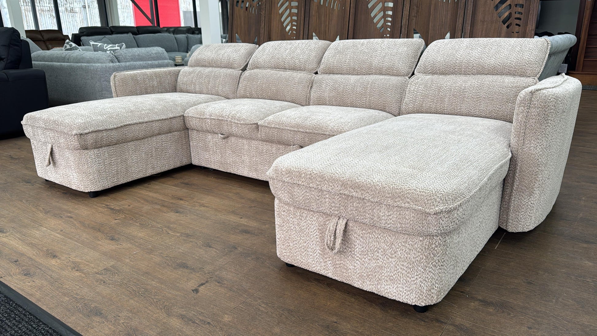 Capri U Shape Sofa Bed With Storage - Beige - Pull Out Sleeper
