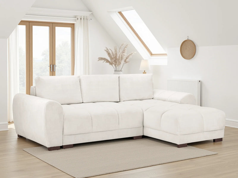 Azzuro Corner Sofa Bed With Storage - Universal Chaise - Plush Velvet  - Cream
