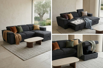 Alaya Storage L Shape Sofa Bed - Black Pre Order