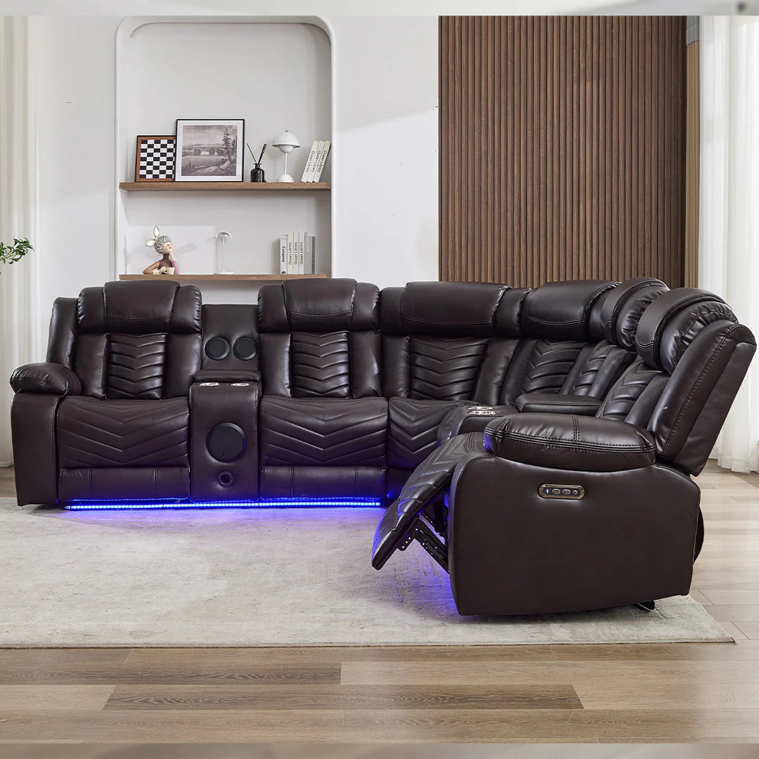 Zeus Leather Electric Recliner Corner Sofa - Brown