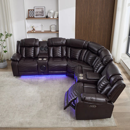 Zeus Leather Electric Recliner Corner Sofa - Brown